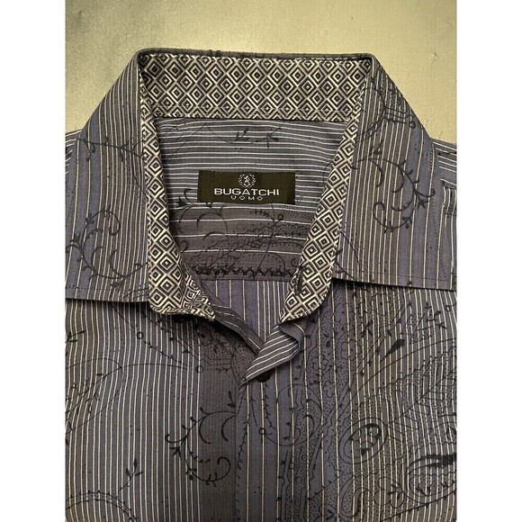 Bugatchi Uomo Dress Shirt Mens L Blue Floral Paisley Flip Cuff Cotton Button Up - Picture 2 of 8